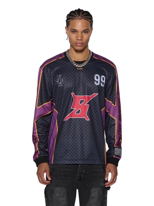 Image of a model wearing Tops. Productname: Ksubi Stinger LS Moto Jersey in Multi colour by brand - Ksubi
