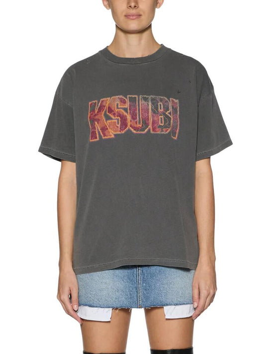 Image of a model wearing Tops. Productname: Ksubi Kickstart OH G SS Tee in CHARCOAL colour by brand - Ksubi