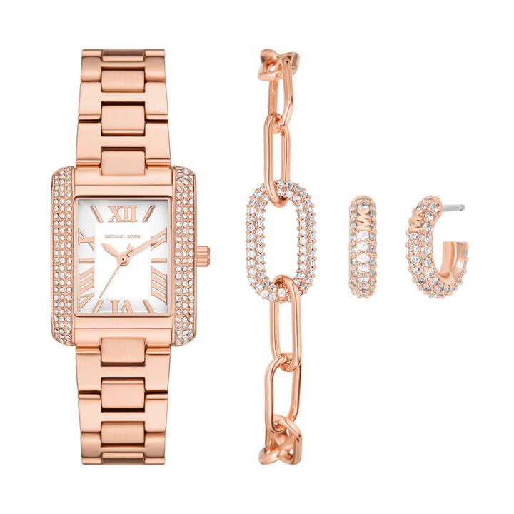 Image of Bracelets. Productname: Michael Kors Emery Three-Hand Rose Gold-Tone Stainless Steel Watch, Earrings, and Bracelet Gift Set MK4838SET in Watch colour by brand - Michael Kors