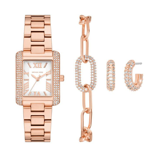 Image of Bracelets. Productname: Michael Kors Emery Three-Hand Rose Gold-Tone Stainless Steel Watch, Earrings, and Bracelet Gift Set MK4838SET in Watch colour by brand - Michael Kors