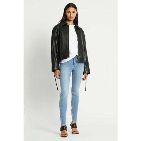 Image of a model wearing Outerwear. Productname: Somedays Leather Jacket in Black colour by brand - sass and bide