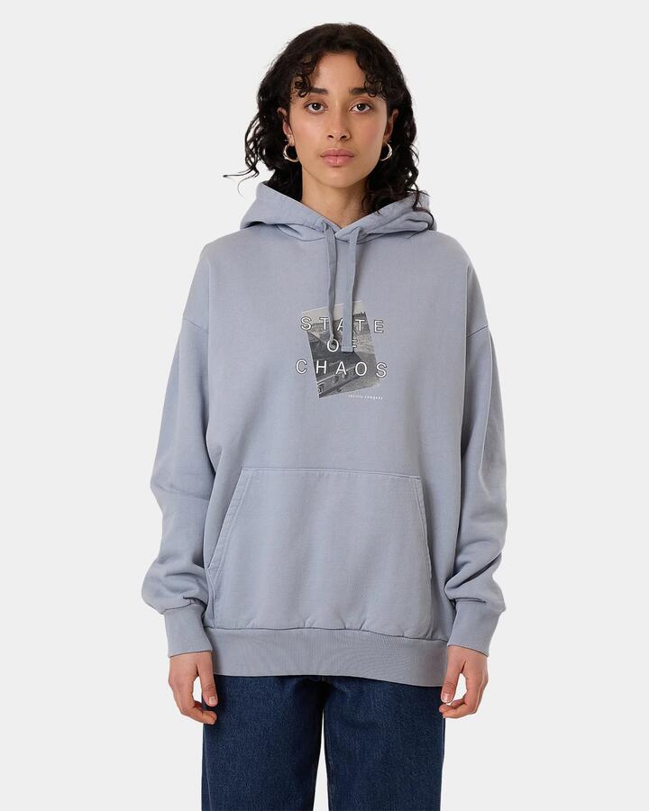 Image of a model wearing Outerwear. Productname: Thrills - Womens Chaotic Growth Slouch Pullover Hoodie - Blue - in Blue colour by brand - Thrills