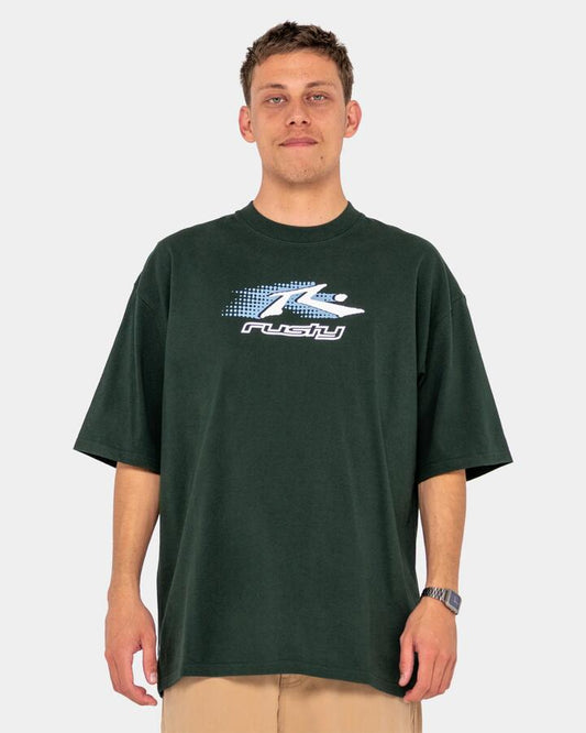 Image of a model wearing Tops. Productname: Rusty Mens Function Short Sleeve T-Shirt Green Gables - in Green Gables colour by brand - Rusty