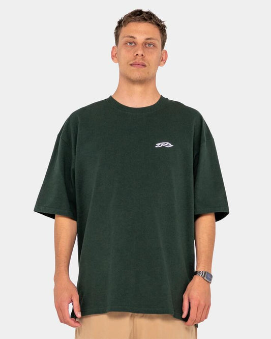Image of a model wearing Tops. Productname: Rusty Mens Registered Short Sleeve T-Shirt Green Gables - in Green Gables colour by brand - Rusty
