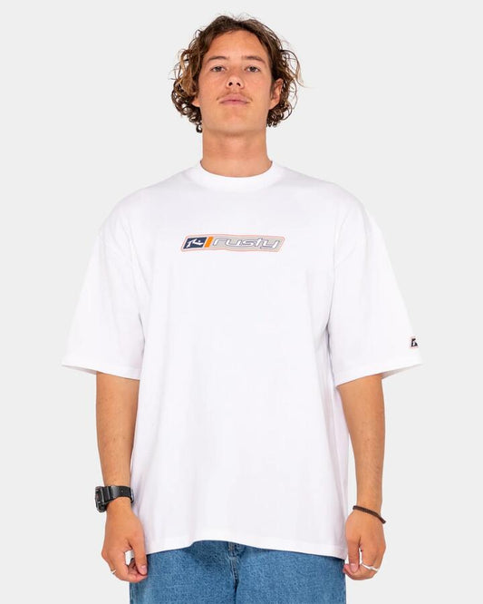 Image of a model wearing Tops. Productname: Rusty Mens Shifter Short Sleeve T-Shirt White - in White colour by brand - Rusty