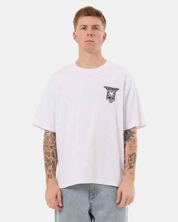 Image of a model wearing Tops. Productname: Worship - Mens Pure Doom Tee - White - in White colour by brand - Worship