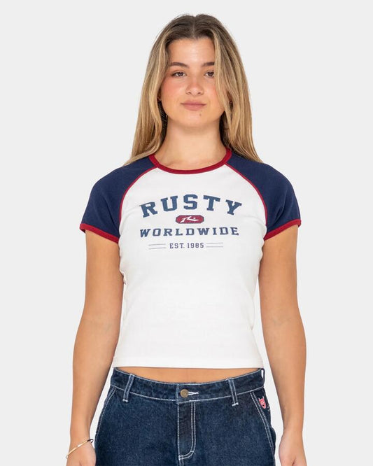 Image of T-Shirts. Productname: Rusty Womens Mr Worldwide Raglan Skimmer T-Shirt White - in White colour by brand - Rusty