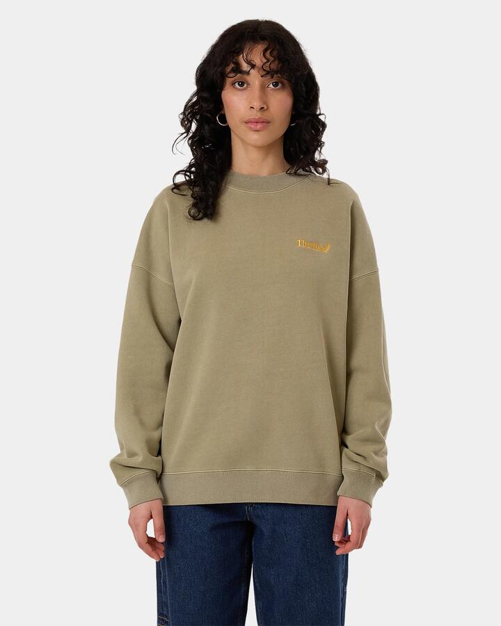 Image of a model wearing Uniforms & Workwear. Product name - Thrills Womens Thrills Workwear Cocoon Panel Crew Neck Eucalyptus in Eucalyptus colour by brand - Thrills