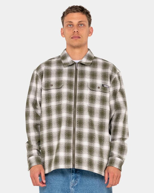 Image of a model wearing Outerwear. Productname: Rusty - Mens Zeal Zip Thru Coach Jacket - Army Green - in Army Green colour by brand - Rusty