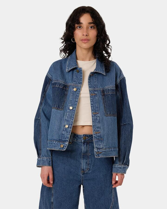 Image of a model wearing Outerwear. Productname: Thrills - Womens Bailey Denim Jacket - Two Tone Blue - in Two Tone Blue colour by brand - Thrills