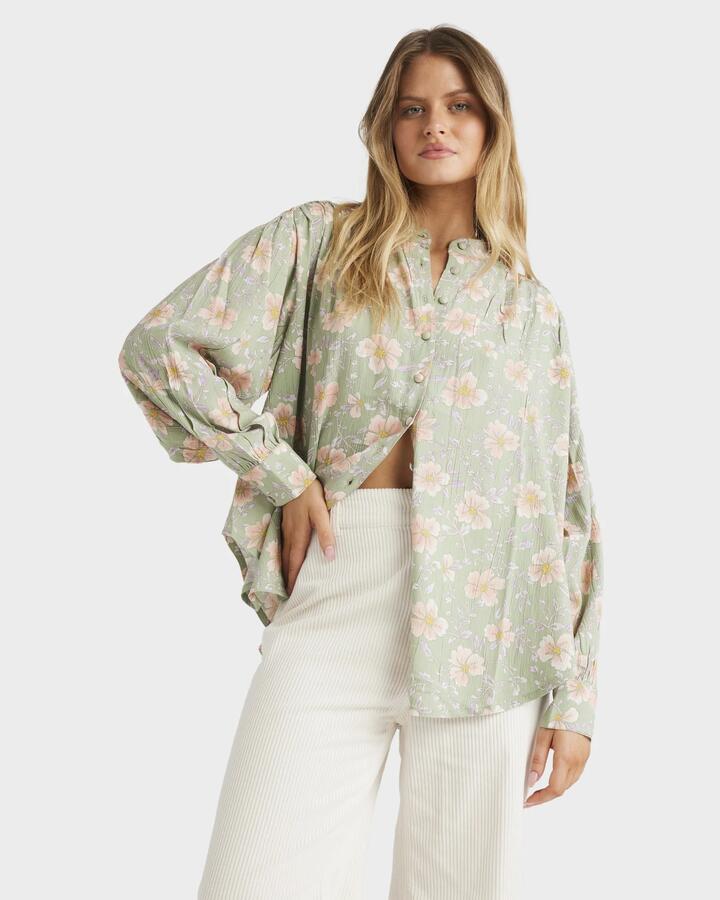 Image of a model wearing Tops. Productname: Billabong - Womens More To Sea Long Sleeve Shirt - Pistachio - in Pistachio colour by brand - Billabong