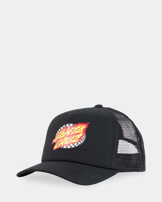 Image of Hats. Productname: Santa Cruz - Boys Oval Check Flame Dot Trucker Cap - Black - in Black colour by brand - Santa Cruz