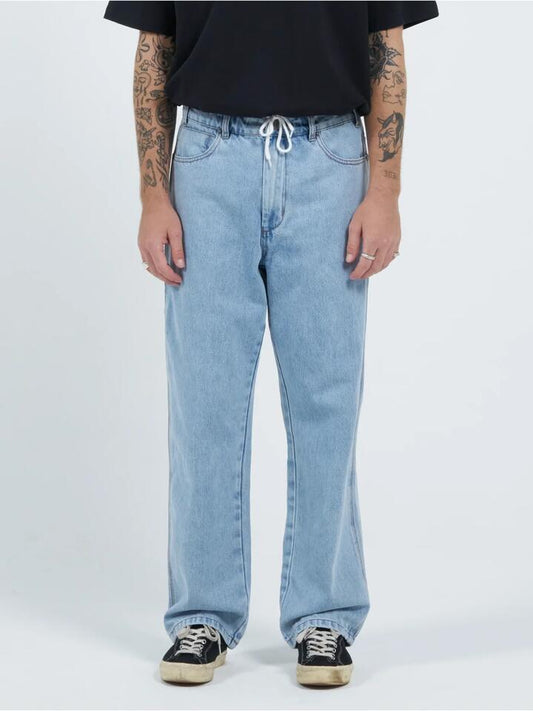 Image of a model wearing Denim. Productname: Worship Carpenter Jean in Worn Blue colour by brand - Worship