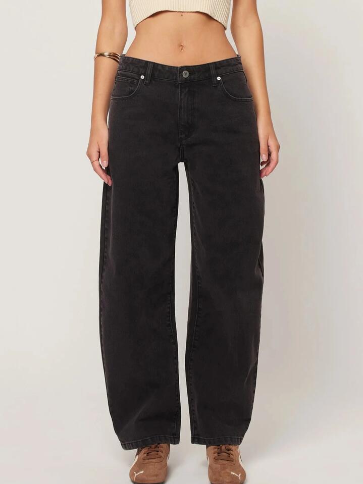 Image of a model wearing Denim. Productname: Abrand 95 Barrel Jean Sophie in Washed Black colour by brand - Abrand