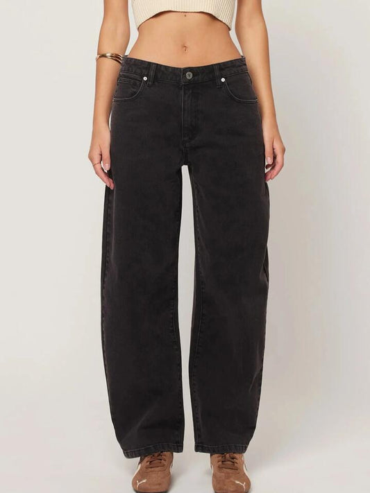 Image of a model wearing Denim. Productname: Abrand 95 Barrel Jean Sophie in Washed Black colour by brand - Abrand