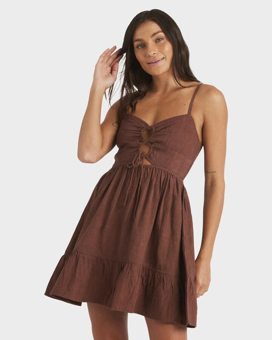 Image of Dresses. Product name - Roxy Womens Jasmine Breeze Dress Mini Dress Fondue Fudge in Fondue Fudge colour by brand - Roxy