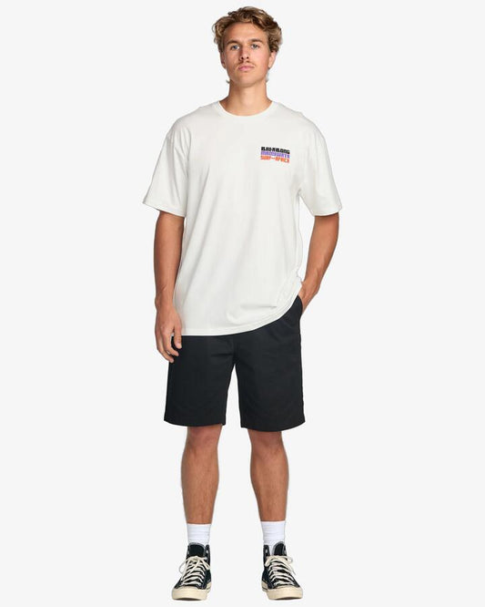 Image of a model wearing Tops. Productname: Billabong Mens Time Before Memory Regular T-Shirt Off White - in Off White colour by brand - Billabong