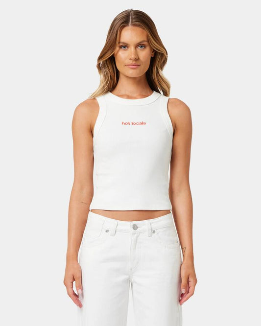 Image of a model wearing Tops. Productname: A Brand - Womens A Brand X Rip Curl Rib Tank Top - White Sand - in White Sand colour by brand - A Brand