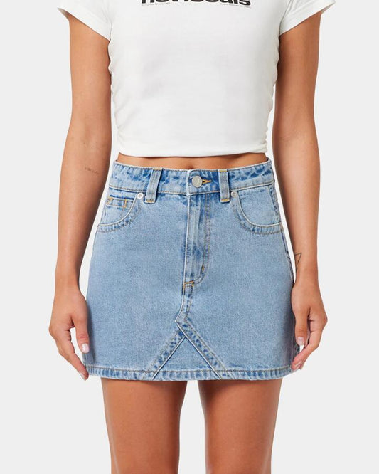 Image of a model wearing Skirts. Productname: A Brand - Womens A Brand X Rip Curl Aline Denim Skirt - Light Vintage Blue - in Light Vintage Blue colour by brand - A Brand