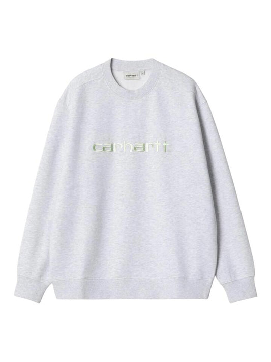 Image of a model wearing Outerwear. Productname: Carhartt Wip Women's Carhartt Sweat in Ash Heather/Air Green colour by brand - Carhartt Wip