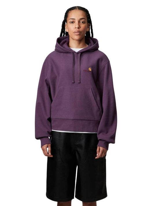 Image of a model wearing Outerwear. Productname: Carhartt Wip Hooded American Script Sweat in Huckleberry colour by brand - Carhartt Wip
