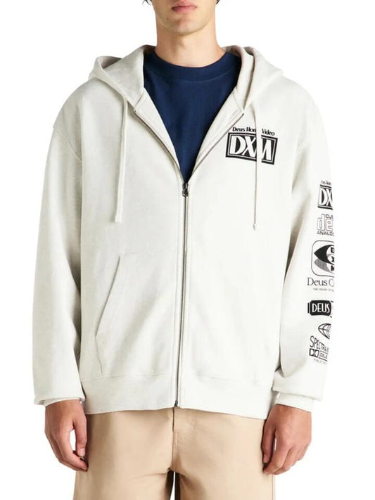 Image of a model wearing Outerwear. Productname: Deus Cinematic Static Zip Hood in Light Grey Marle colour by brand - Deus