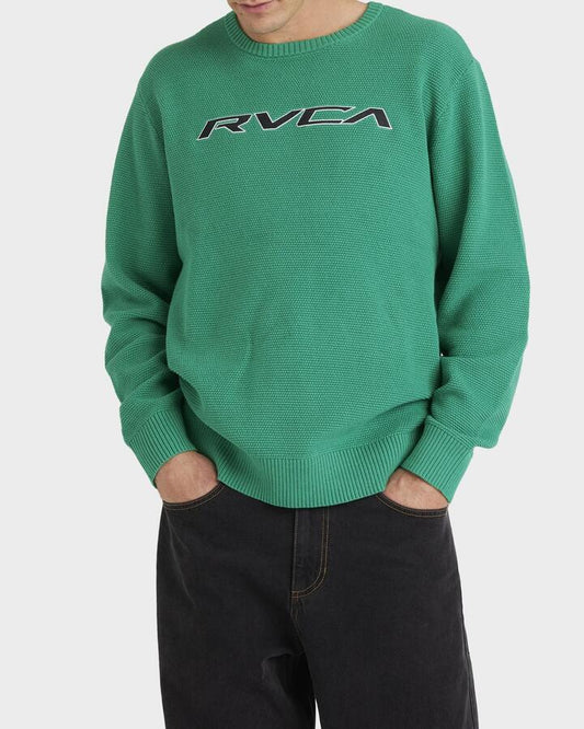 Image of a model wearing Outerwear. Productname: RVCA Mens Rev Knitted Jumper Bottle Green - in Bottle Green colour by brand - RVCA