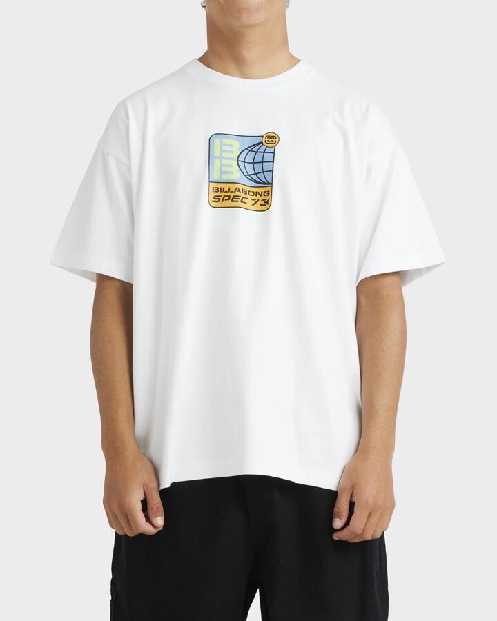 Image of a model wearing Tops. Productname: Billabong - Mens Spec 73 World T-Shirt - White - in White colour by brand - Billabong