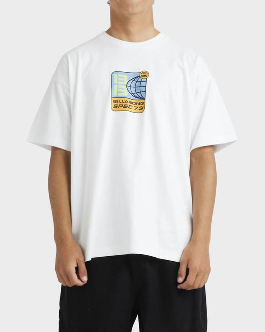 Image of a model wearing Tops. Productname: Billabong - Mens Spec 73 World T-Shirt - White - in White colour by brand - Billabong