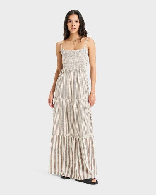 Image of Dresses. Productname: Roxy Womens Tropical Glow Maxi Stripe Maxi Dress Fondue F Minibella Stripe Vert - in Fondue F Minibella Stripe Vert colour by brand - Roxy
