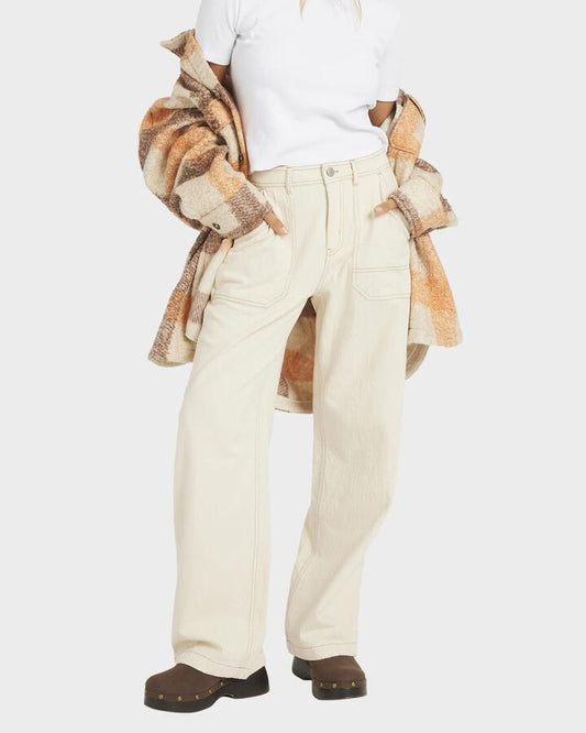 Image of a model wearing Pants. Productname: Roxy - Womens Vibrant Air Carpenter Pants - Parchment - in Parchment colour by brand - Roxy