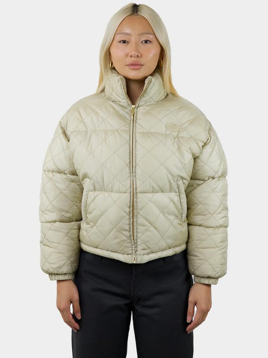 Image of a model wearing Outerwear. Productname: Dickies Lamkin Quilted Puffer Jacket in Desert Sand colour by brand - Dickies