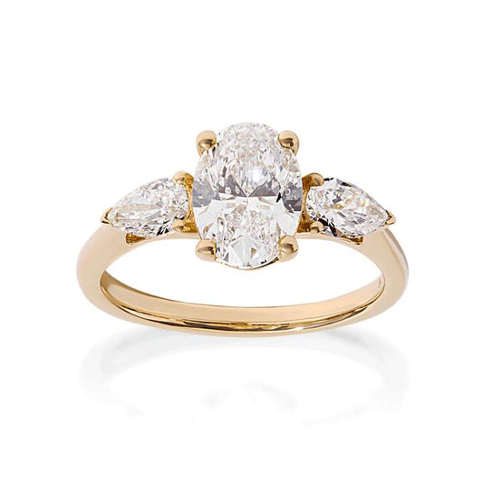 Image of Jewelry. Productname: 3 Stone Oval and Pear Ring with 2.00tw of Laboratory-Grown Diamonds in 9kt Yellow Gold in Diamond colour by brand - Bevilles
