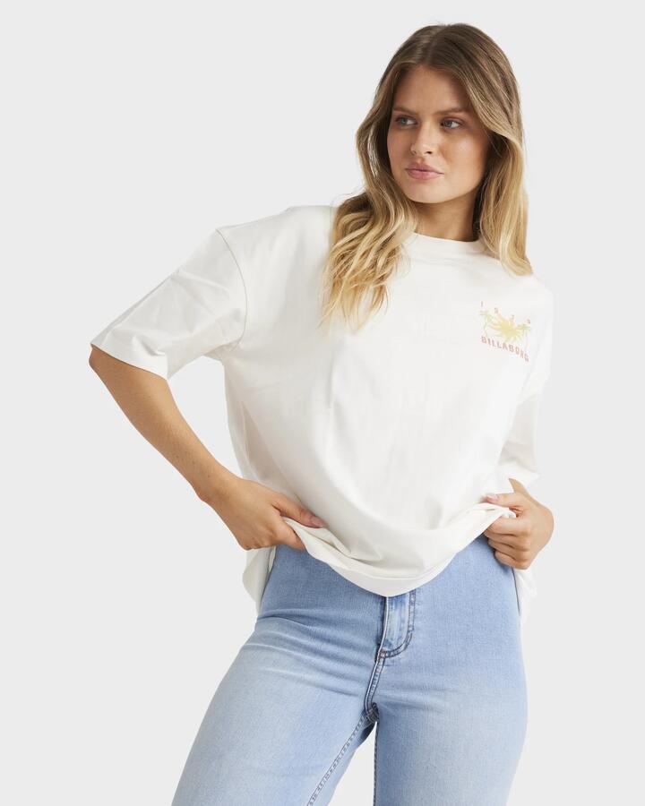Image of a model wearing Tops. Productname: Billabong Womens Hot Haze T-Shirt Salt Crystal - in Salt Crystal colour by brand - Billabong