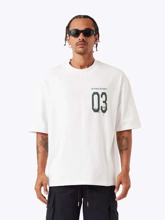 Image of a model wearing Tops. Productname: Zanerobe Athletic Department Flow Tee in Vintage White colour by brand - Zanerobe