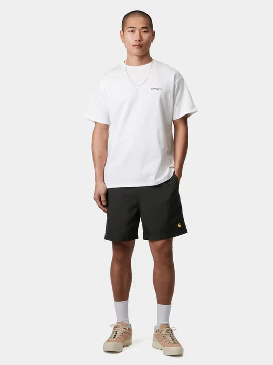 Image of a model wearing Shorts. Productname: Carhartt Wip Chase Swim Trunks in Black/Gold colour by brand - Carhartt Wip