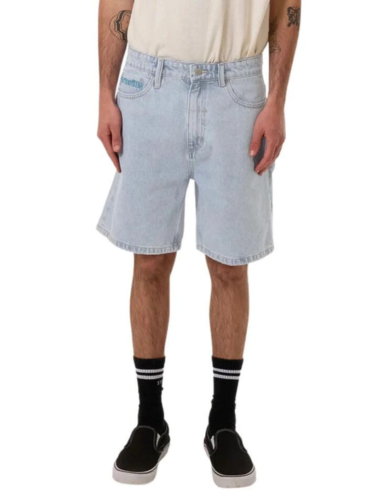 Image of a model wearing Denim. Productname: Thrills Hazed Slacker Denim Short in Light Ash Blue colour by brand - Thrills