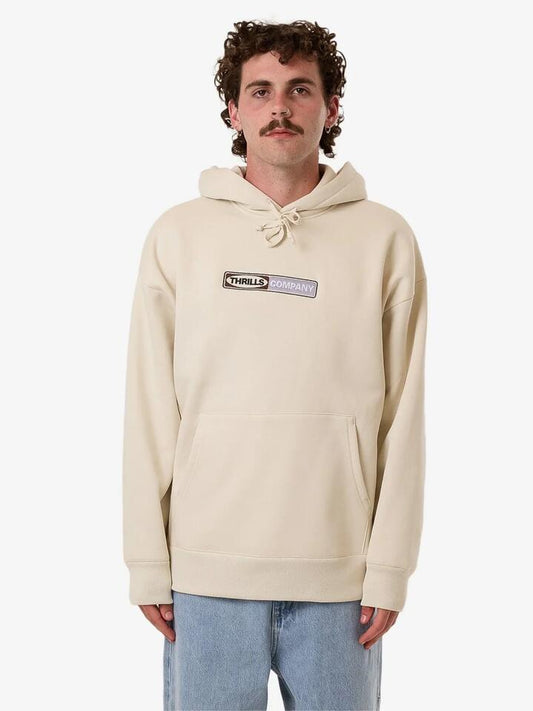 Image of a model wearing Outerwear. Productname: Thrills Locked in Slouch Pull on Hood in Heritage White colour by brand - Thrills