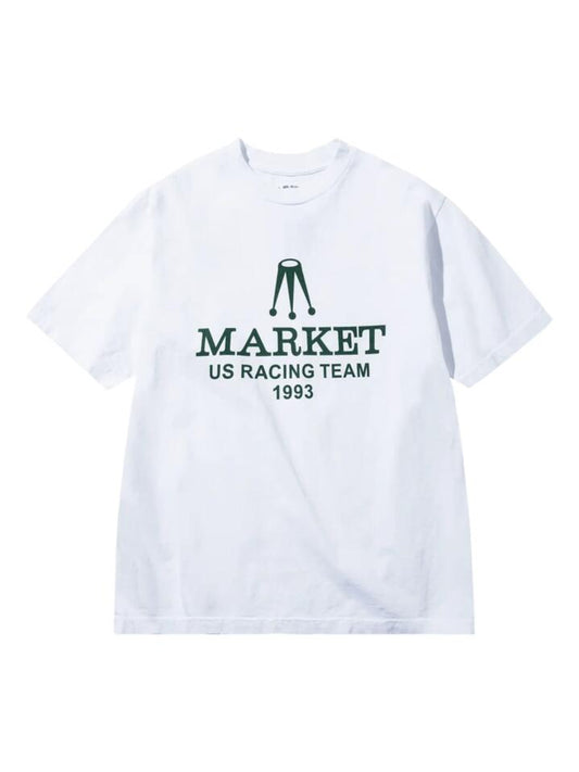 Image of a model wearing Tops. Productname: Market Relax Team Racing T-Shirt in White colour by brand - Market