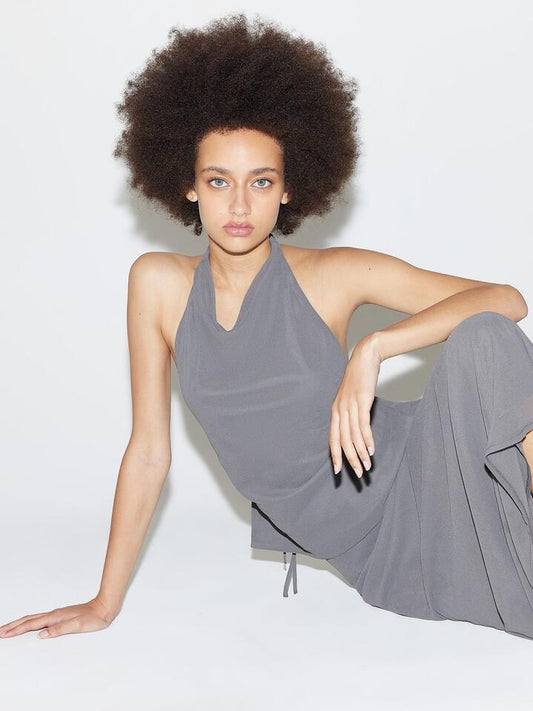 Image of a model wearing Tops. Productname: Beyond Her Tash Halter Top in Charcoal colour by brand - Beyond Her