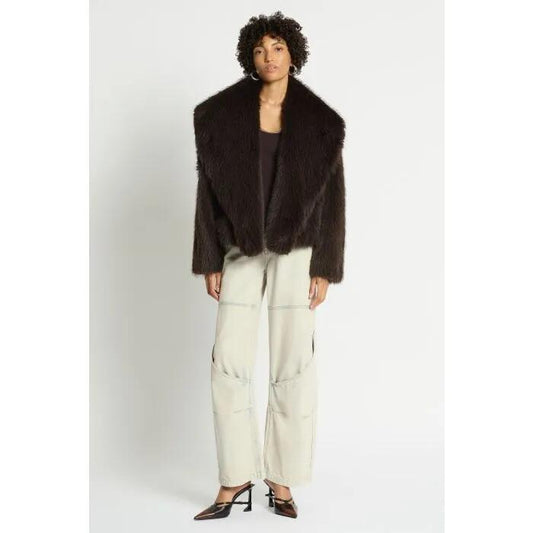 Image of a model wearing Outerwear. Productname: Drifted Chubby Jacket in Brown colour by brand - sass and bide