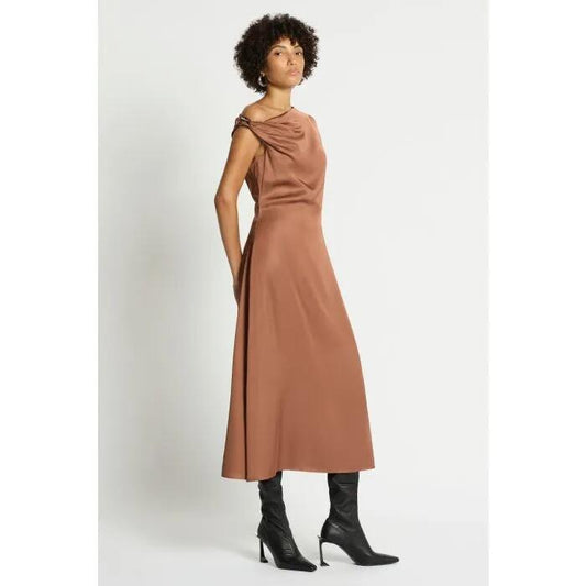 Image of a model wearing Dress. Productname: Sierra Midi Dress in ACORN colour by brand - sass and bide