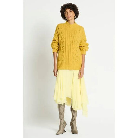 Image of a model wearing Outerwear. Productname: Juniper Cable Knit Jumper in LEMON ZEST colour by brand - sass and bide