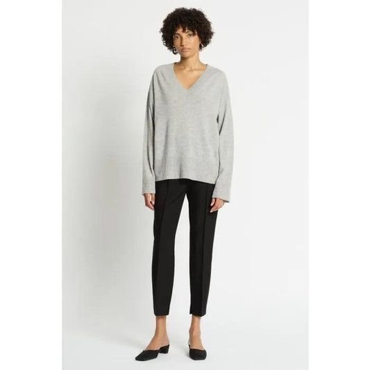 Image of a model wearing Tops. Productname: Lucillian V Neck Knit Top in GREY BEIGE colour by brand - sass and bide