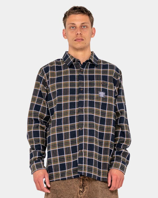 Image of a model wearing Tops. Productname: Rusty - Mens Brooks Long Sleeve Shirt - Navy/Cream - in Navy/Cream colour by brand - Rusty