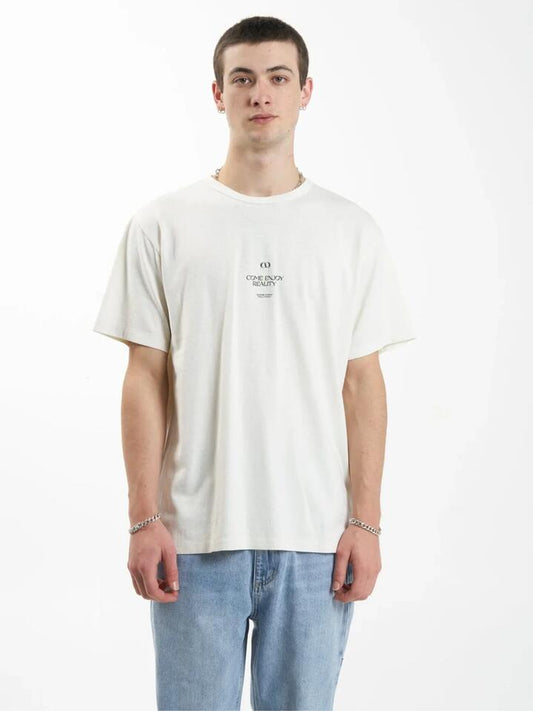 Image of a model wearing Tops. Productname: Thrills Hemp Come Enjoy Reality T-Shirt in Dirty White colour by brand - Thrills
