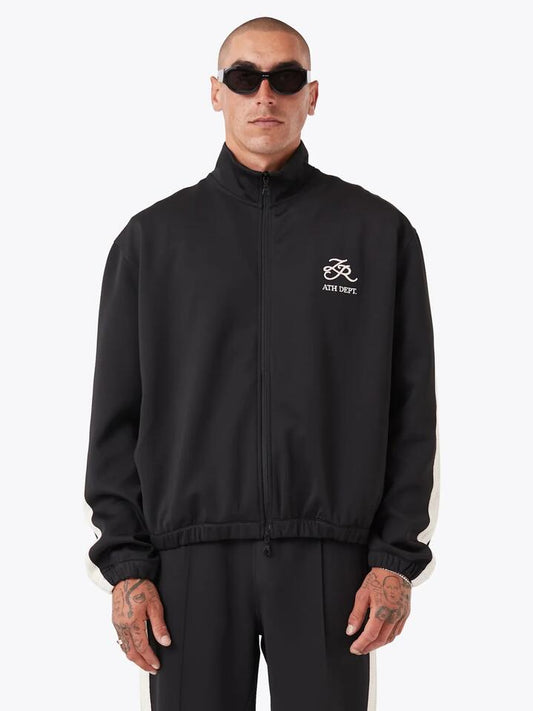 Image of a model wearing Outerwear. Productname: Zanerobe Training Track Jacket in Black colour by brand - Zanerobe
