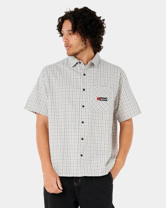 Image of a model wearing Tops. Productname: Rip Curl - Mens Super Computer Short Sleeve Shirt - Cool Grey - in Cool Grey colour by brand - Rip Curl