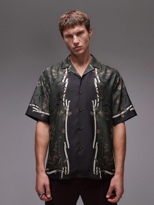 Topman Short Sleeve Printed Shirt (Dark Green)