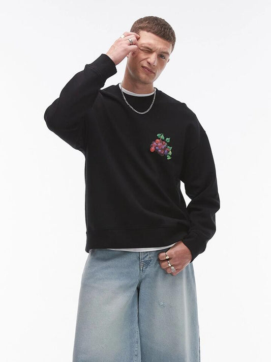 Image of a model wearing Outerwear. Productname: Topman Oversized Sweat with Paradiso Print in Black colour by brand - Topman